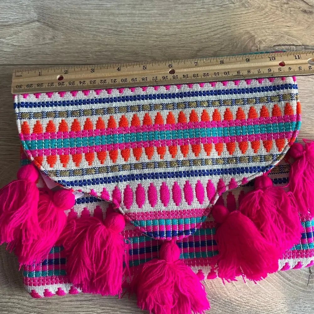 Mud Pie Woven Tassel Pink Clutch Purse NEW